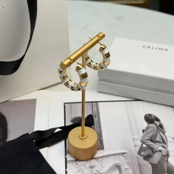 Women's Celine Gold & White Enamel Hoop Earrings for Modern Minimalist Chic - Picture 3 of 4